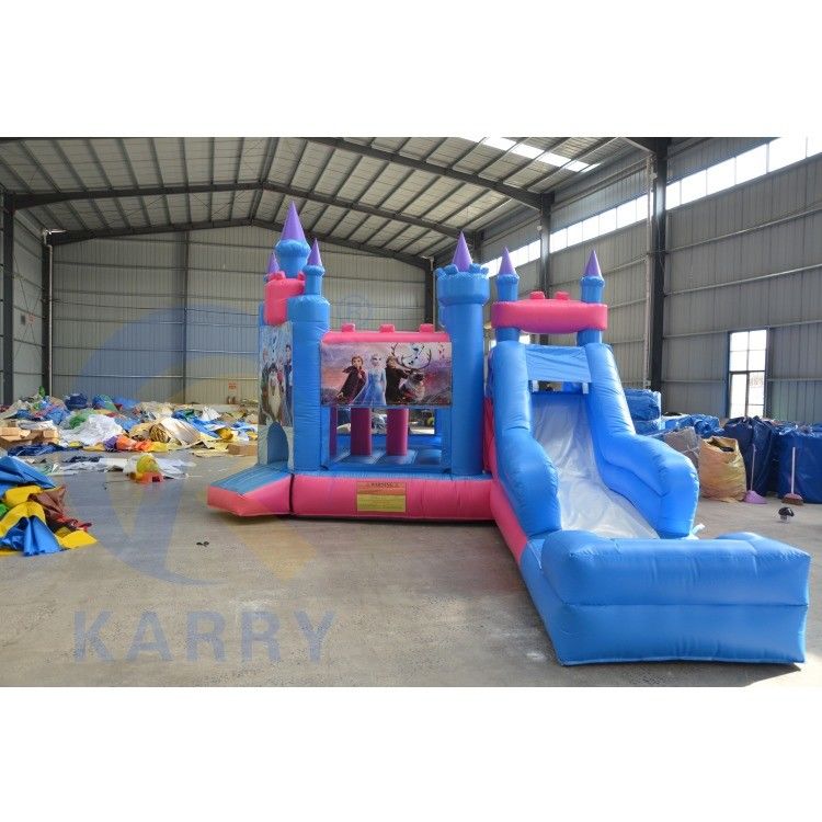 Unisex Customized Inflatable 3 in 1 Castle with Frozen Theme Blue Color and Long Slide