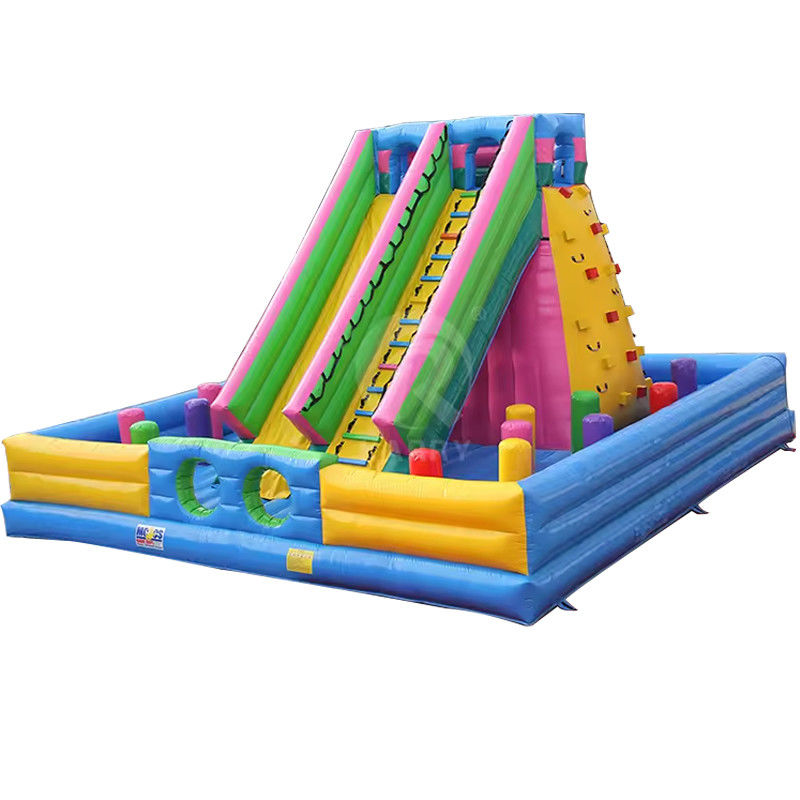 Customized Color Outdoor Inflatable Dry Slide with Double Lane and Rock Climbing Wall