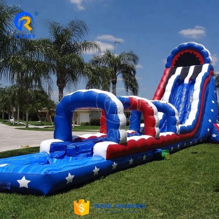 Outdoor Commercial Inflatable Water Slide with USA Flag Style and Super Long Slip Lane