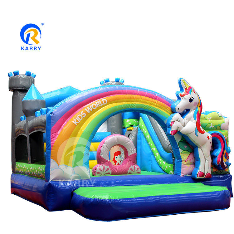 Rainbow PVC Inflatable Trampoline Commercial Unicorn Bouncer with Slide and Blower