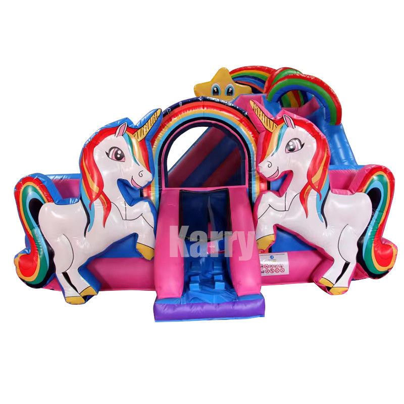 Rainbow Double Unicorn Air Trampoline Inflatable Castle Slide Combo H14ft for Party Events